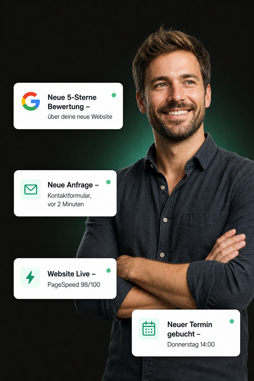 Zufriedener Unternehmer mit Benachrichtigungen über neue Anfragen und Bewertungen über seine neue Website